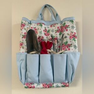 Laura Ashley canvas garden bag with a pink floral light blue pockets, gardening
